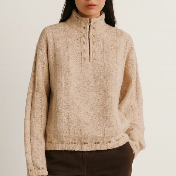 Woolrich Vintage 3/4 Zip Copped Ecru Oatmeal Knit Sz S - Picture 1 of 8